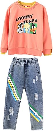 Amazon Co Jp ガールズクロージングスーツ ビッグチルドレンカジュアルファッション漫画印刷ツーピースネットレッド春と秋の服 スポーツ アウトドア