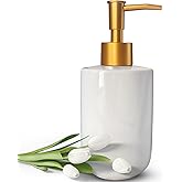 White Liquid Soap Dispenser with Golden Pump for Bathroom,Kitchen Refillable Dispenser,Countertop Lotion Ceramics Hand Dispenser 420ml (Cylindrical White Bottle)