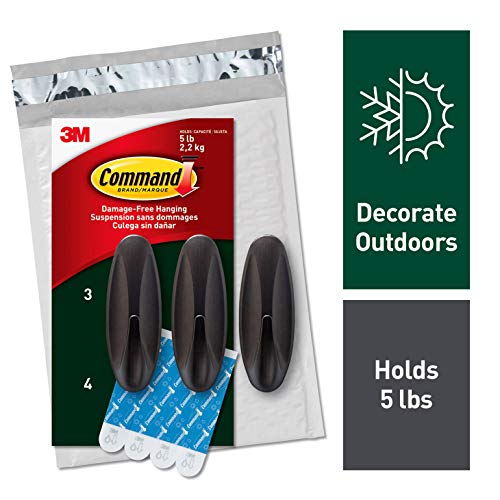 Command Outdoor Hooks, 3 hooks, 4 strips, Decorate Damage-Free, Holds 5 lbs (AW083BZ-3NA)