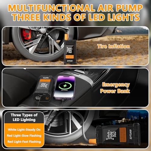 SYTUNG Portable Air Compressor 150PSI Rechargeable Wireless Tire Air Compressor with Digital Display LED Light, for Car Tires and Other Inflatable Products