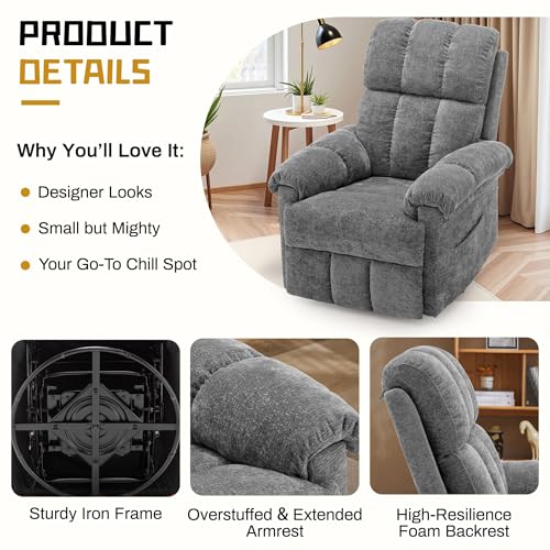 Korser Recliner Chair, Swivel Rocker Recliner Chair for Adults, Small Recliners for Small Spaces, Upholstered Manual Recliner with Side Pockets, Nursery Rocking Chair for Living Room, Chenille, Grey