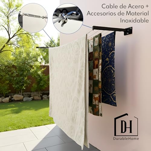 Tendedero de Ropa en Pared con Accesorios de Acero Inoxidable y 5 líneas de Cable de Acero Recubierto de Plástico, Rack para Ropa Grande y Extendible hasta 5 m. Colgador de Ropa Interior y Exterior