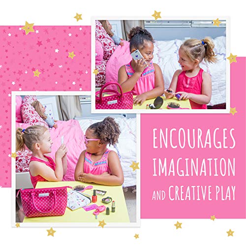 PixieCrush Deluxe Pretend Play Kid Purse Set for Girls with Handbag, Pretend Smart Phone, Keys, Pretend Makeup, Lipstick - Interactive & Educational Toy (Pink Polka Dot)