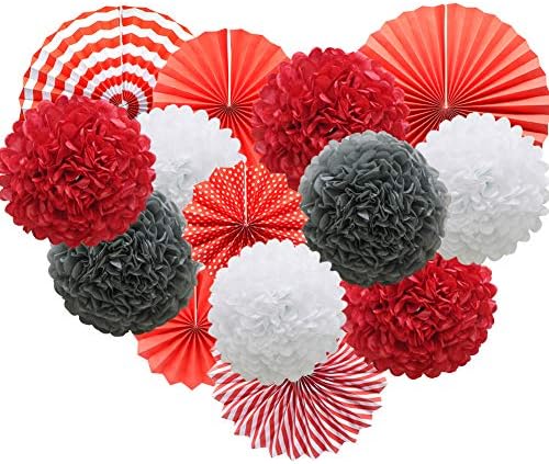 Red Hanging Paper Party Decorations, Round Paper Fans Set Paper Pom Poms Flowers for Birthday Wedding Graduation Baby Shower Events Accessories