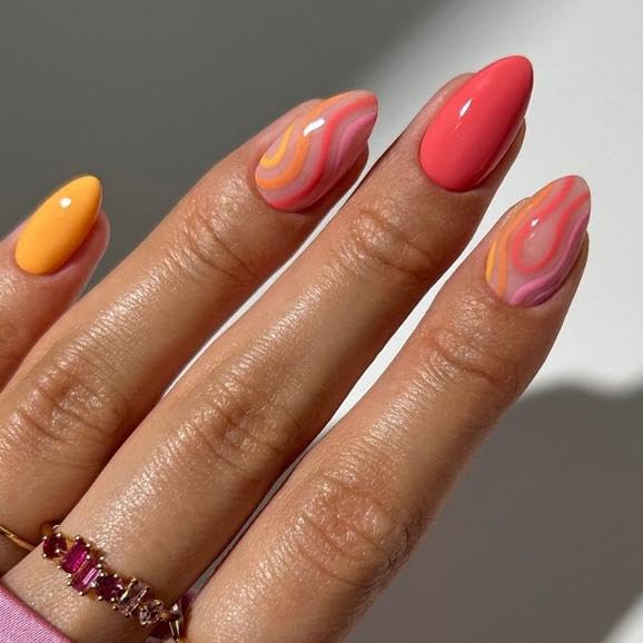Photo 1 of MERVF Press on Nails Medium Almond Fake Nails Pink Orange Glue ons Swirls Lines Stiletto Solid Color Acrylic False Nail with Design Glossy 24pcs
