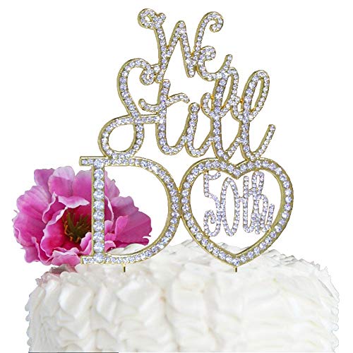 Lulu Sparkles LLC Gold 50th Anniversary Cake topper We Still Do in Crystal Rhinestones vow renewal (Heart Shape 50th)