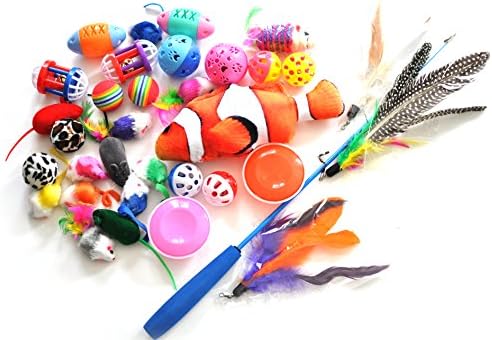 Ballmie Pet Cat Toys Variety Pack 20 units, Interactive Extendable Feather Teaser Wand &amp; Refill Feathers, Catnip Fish, Balls, Bells, Mice,Kitten toys,best cat toys for exercise,your own cat toys