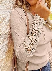 VICHYIE Womens Henley Long Sleeves Tunic Lace Tops