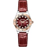 VXFAIZY Elegant Watch for Women with Crystal Markers and Genuine Leather Band Ladies Calendar Watch