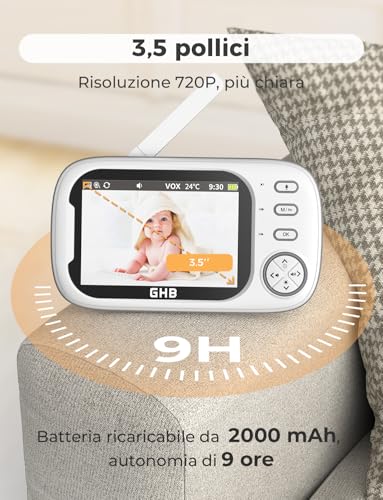 GHB Baby Monitor Video and Audio 3.5 Inch 720HD Camera, 2000 mAh Battery, Two-Way Communication, VOX Night Vision Temperature Monitor, Lullabies