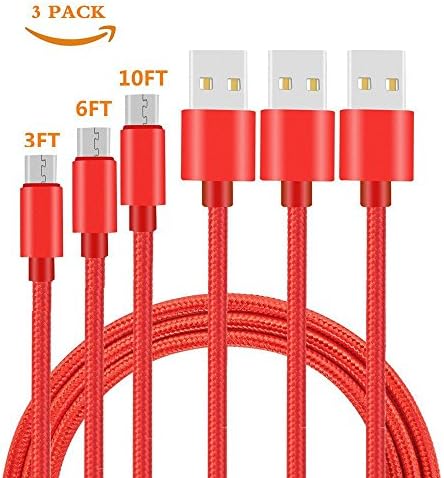 Micro USB Cable, Nylon Braided Android Charger Cord Fast Charging Sync Cable for Samsung S7,S7Edge,Galaxy Tablet,HTC,LG,Nokia,Motorola, Android Smart phones and More. (Red 3Pack 3FT+6FT+10FT)
