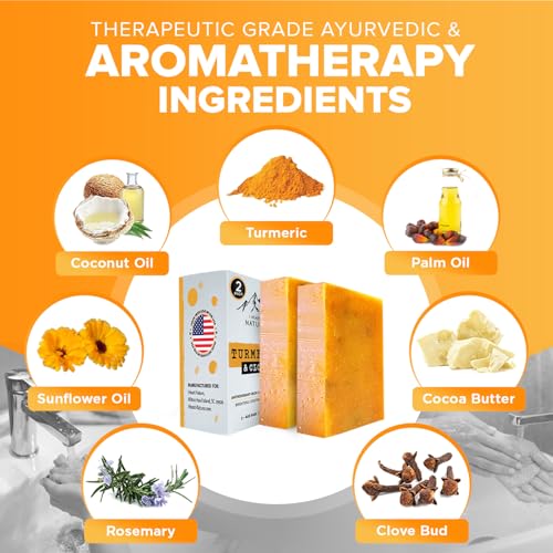 Organic Turmeric Soap for Dark Spots & Acne with Clove Bud (2 Packs) – Face & Body Bar – Rich, Creamy Lather for Natural Skin Glow Aromatherapy