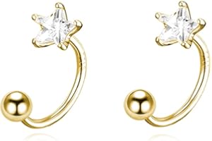 Reffeer Solid 925 Sterling Silver Star Hoop Earrings Open Hoops for Women Girls Star Huggie Earrings Ball Cuffs (B-18K Gold)