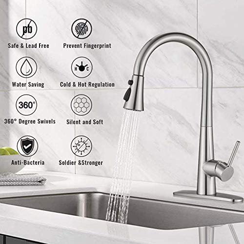 Pull Down Kitchen Faucet with Sprayer, Commercial Single Lever Sink Faucet, Stainless Steel Faucet for Kitchen Sink, Single Handle Single Hole Brushed Nickel Kitchen Faucets with Pull Down Sprayer