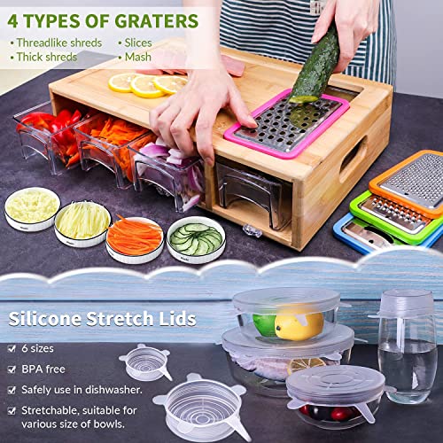 Bamboo Cutting Boards with Containers for Kitchen, Large Multifunctional Chopping Boards Set