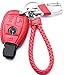 Womens Red Genuine Leather Key Case Cover Shell for Mercedes-Benz 3-Button Keyless Entry Remote Control Smart Car Key Protection Fob Skin Cover Etui with Braided Key Chain & Key Rings