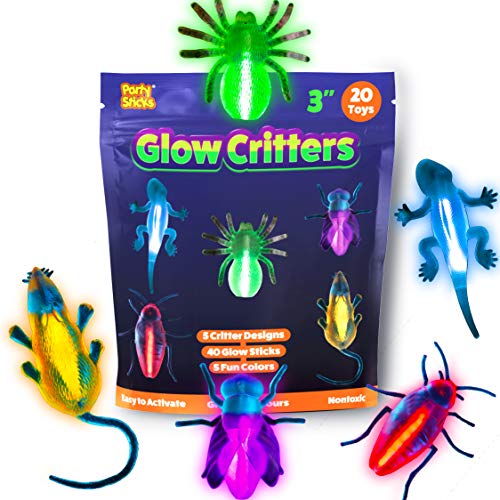 PartySticks Glow Critters 20 PK Halloween Party Supplies - 3 Inch Plastic Bugs, Glow in The Dark Party Favors with 40 Mini Glow Sticks