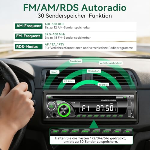Car Radio Bluetooth with CD DVD Player, Wistrue RDS/FM/AM Car Radio 1DIN, 7 Colours Radio with 2 USB SD/AUX/Steering Wheel Remote Control, MP3 Player