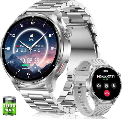 Military Smart Watch for Men-1000mAh Battery, 2 Straps, 1.52" HD Rugged Smartwatch with BT Calling, 120+ Sports Modes, Heart Rate Sleep Monitor, IP68 Waterproof Fitness Tracker for Android iOS, Silver