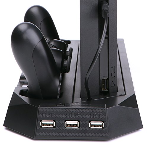 CPPSLEE PS4 Vertical Stand Cooling Fan with Dual Controller Charger Charging Station + 3 HUB Ports, Multifunctional PlayStation 4 Access