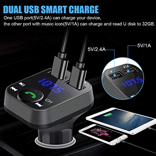 Bluetooth FM Transmitter for Car, LUMAND Wireless Bluetooth Radio Transmitter Car Kit with 2 Ports USB Charger 5V/2.4A&1A, Support USB Drive, TF Card and Hands Free Calling