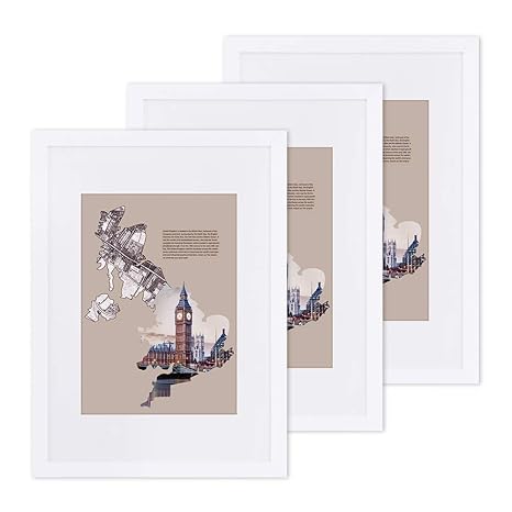 SONGMICS Bilderrahmen 3er-Set Din A3 (29,7 x 42 cm) Bilderrahmen mit 20 x 25 cm Passepartout, Glasscheibe, Rahmenbreite 2 cm,