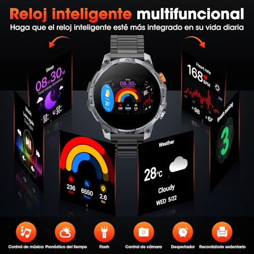 Haulvean Militares Reloj Inteligente Hombre, 1000 mAh Smartwatch, Dos Correas, Pantalla HD 1,75", Linterna LED, 100＋Modos Deportivos, Salud Monitorizada, Llamadas Bluetooth para iOS Android (Negro)