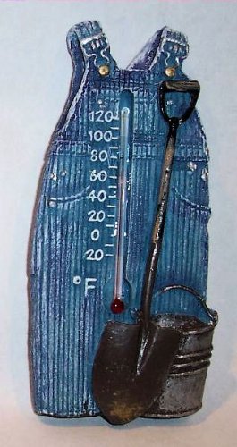 "ABC Products" - {Final Close-Out} ~ Outdoor or Indoor - Thermometer - Farmer's Overalls Design - Wall Hanging -Old Country Vintage Design (Blue Finish - Accented With Shovel and Bucket)m