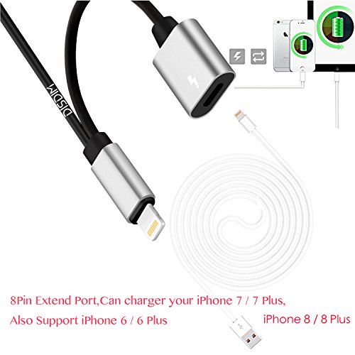 DISDIM 2 in 1 Aluminum Dual Lightning Charging Adapter & Female Headphone Jack Aux Audio Splitter Cable for iPhone X / 8 / 8 Plus /7 /7 Plus,iOS 11 with Calling Function and Music Control (Silver)