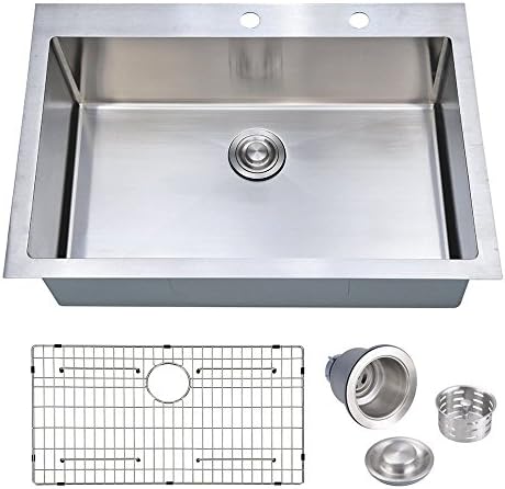 33 x 22 inch Handcrafted Topmount Single Bowl 16 gauge Stainless Steel Kitchen Sink with Grid and Drainer