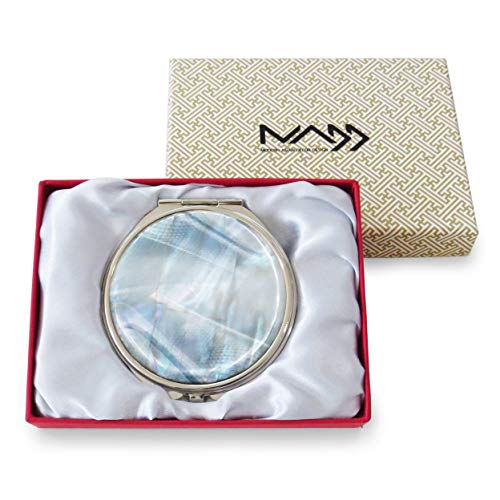 Makeup-Compact-Pocket-Mirror-Mother-of-Pearl-Round-Double-Sided-Folding-Magnify-Digital-Fractal-Blue-Silver