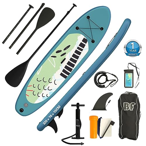 Bifanuo Inflatable Stand Up Paddle Board with SUP Accessories & Backpack. Non-Slip Deck,Wide Stance,Bottom Fin,Double Action Pump and Repair Kit.Youth & Adult Standing Boat
