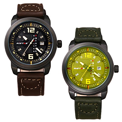 Men's Military Japan Quartz 3ATM Waterproof Lumilous Hands Week Calendar Large Face Leather Watch (2PCS)