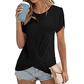 Addtoo Womens 2026 Summer Tops Casual Twist Front Blouses Short Sleeve Tshirts Fitting Tunic S-3XL