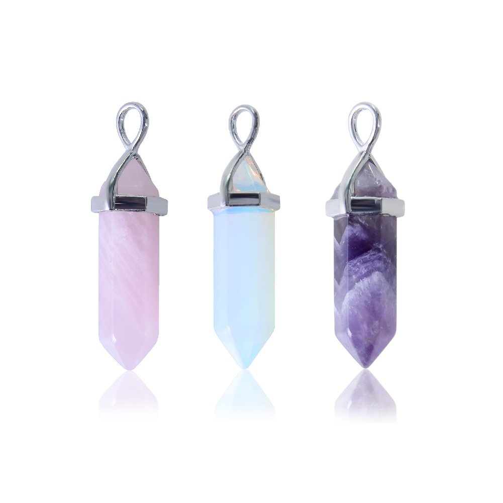 Aituo Gorgeous Quartz Crystal Healing Stones Point Chakra Cut Gemstone atural White Crystal+Amethyst+Rose Quarts Healing Point Chakra Pendants for Necklace Jewelry Making (3PCS)