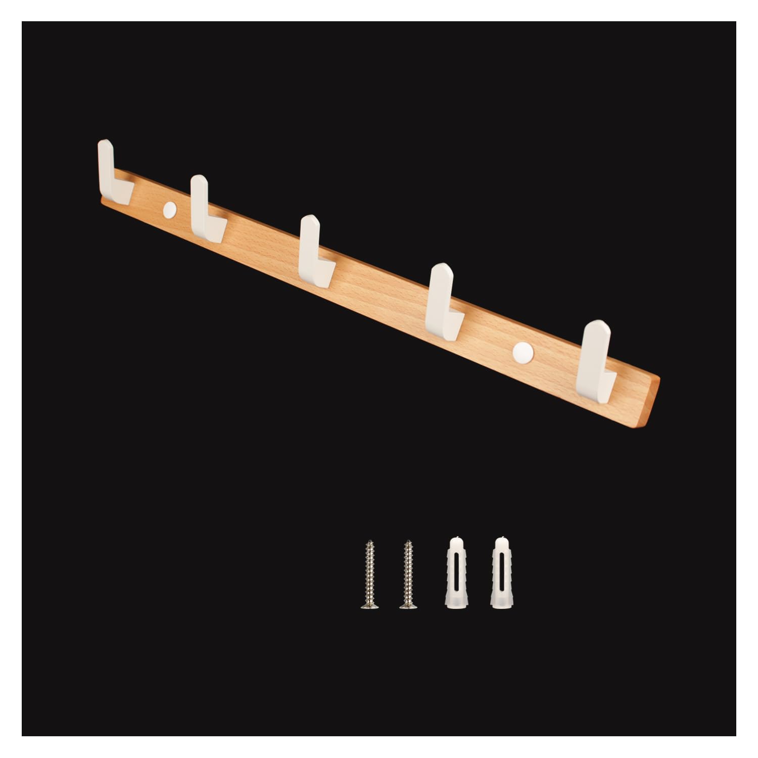 HQTS Wall-Mounted Coat Hooks Wooden and White Aluminium Alloy Hook Coat Rack 45 cm Bathroom Wall Hanger with 5 Hooks