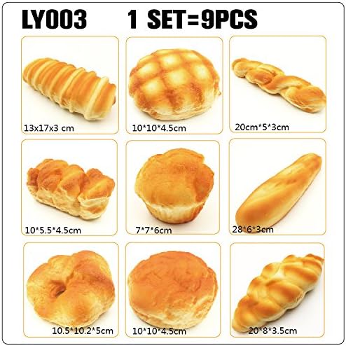 9PCS Set Pack Of Kawaii Jumbo Size Squishy Bun Bread Toast Melon Bun Frech Bread Soft Squishies Slow Rising Scented Phone Charm Straps Stress Relief Toy Party Favors Decorative Props Preschool Toys