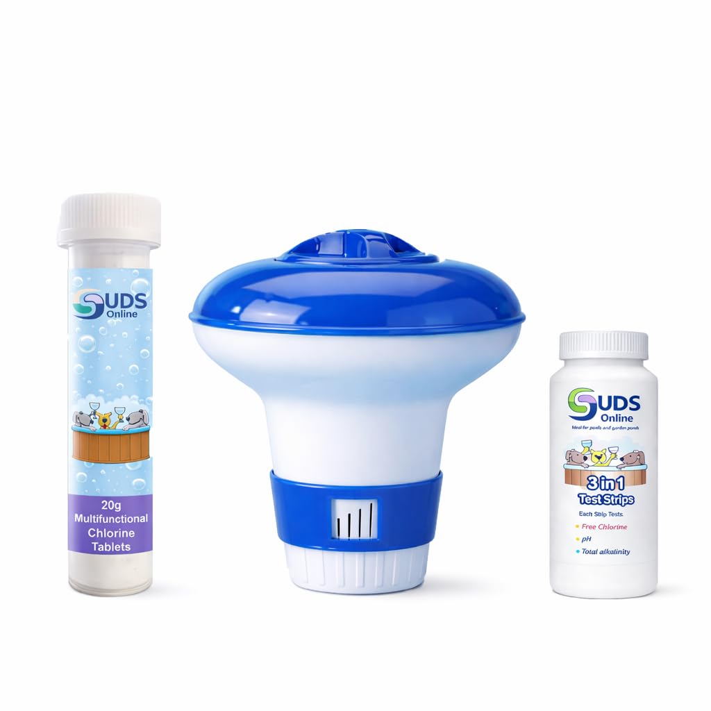 SUDS-ONLINE Small Dispenser with 10 Multifunctional Chlorine Tablets 20g + Test Strips