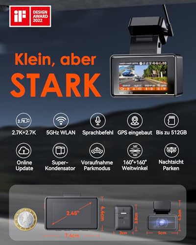 VANTRUE E2 2.7K+2.7K Car Dashcam Front and Rear 5GHz WiFi GPS Dual 1944P Wireless and Voice Control, Parking Mode Pre-Recording, WDR Night Vision 2.45 Inch 160° Max 512G
