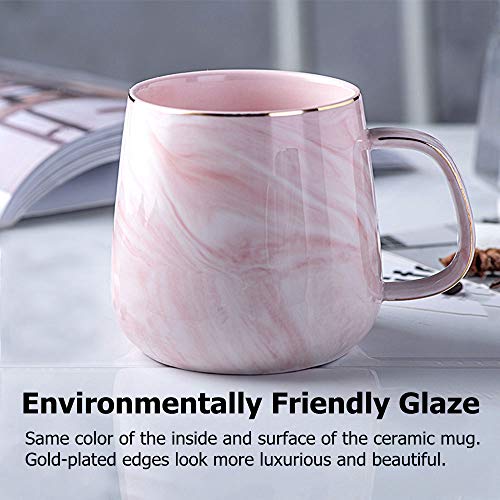 Ceramic Coffee Mug with Leaves Spoon, 12oz Marble Coffee Cup Unique Gift Mug for Wedding Birthday Party Christmas Gift and Thanks Giving Mug Gift-Pink