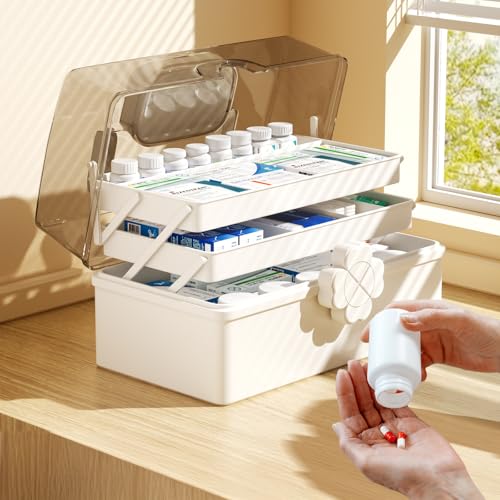 Mihoho Large 3 Layer Medicine Box, 3 Tier Medicine Organizer, Storage Box Organizer with Compartments, Emergency Kit Case for Family Emergency Kit (White K)
