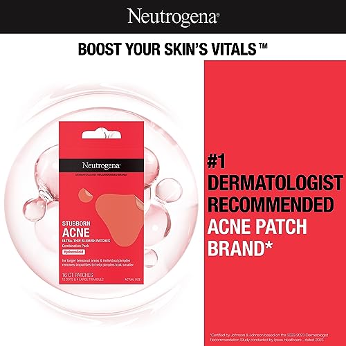 NEUTROGENA STUBBORN ACNE BLEMISH PATCHES COMBINATION PACK, ULTRA-THIN HYDROCOLLOID ACNE PATCH ABSORBS FLUIDS & REMOVES IMPURITIES TO HELP PIMPLES LOOK SMALLER, 2 SIZES, 16 PATCHES