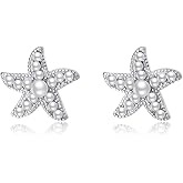 SLUYNZ 925 Sterling Silver Pearls Starfish Stud Earrings for Women Teens Beach Stud Earrings