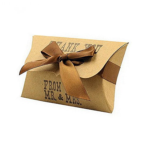 Yalulu 50pcs Thank You Mr & Mrs Kraft Paper Pillow Candy Box Rustic Wedding Favors Candy Holder Bags Wedding Party Gift Boxes with Ribbons