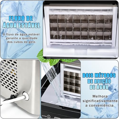 Ice Maker Portátil Inox 20kg/dia, Autolimpeza c/Pá e Cesto Casa Bar 127V