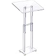 Beeveer Acrylic Podium Stand Clear Lecterns Pulpits for Classroom Office Concert Lecture 23.6'' x 15.7'' Angle Height Adjustable Rolling Pulpits with Lockable Wheels for Churches Mobile Pulpit Podium