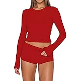 INFITTY Sexy Pajama Set for Women 2 Piece Crew Neck Long Sleeve Pj Soft Top and Shorts Sleepwear Set