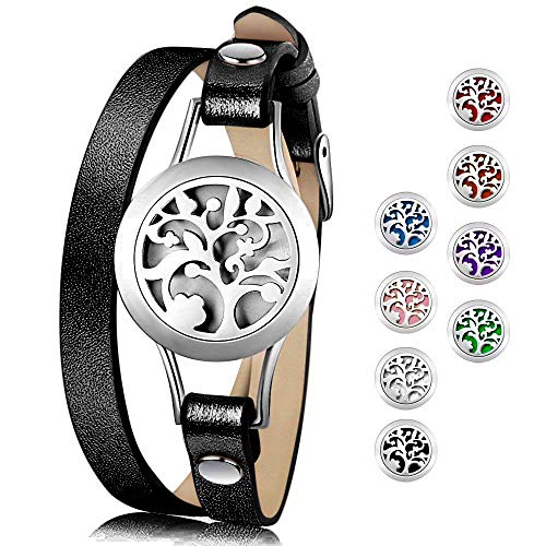 Essential Oil Diffuser Bracelet,Stainless Steel Aromatherapy Locket Bracelets Leather Band with 8 Color Pads,Girls Women Jewelry Gift Set (Tree black)