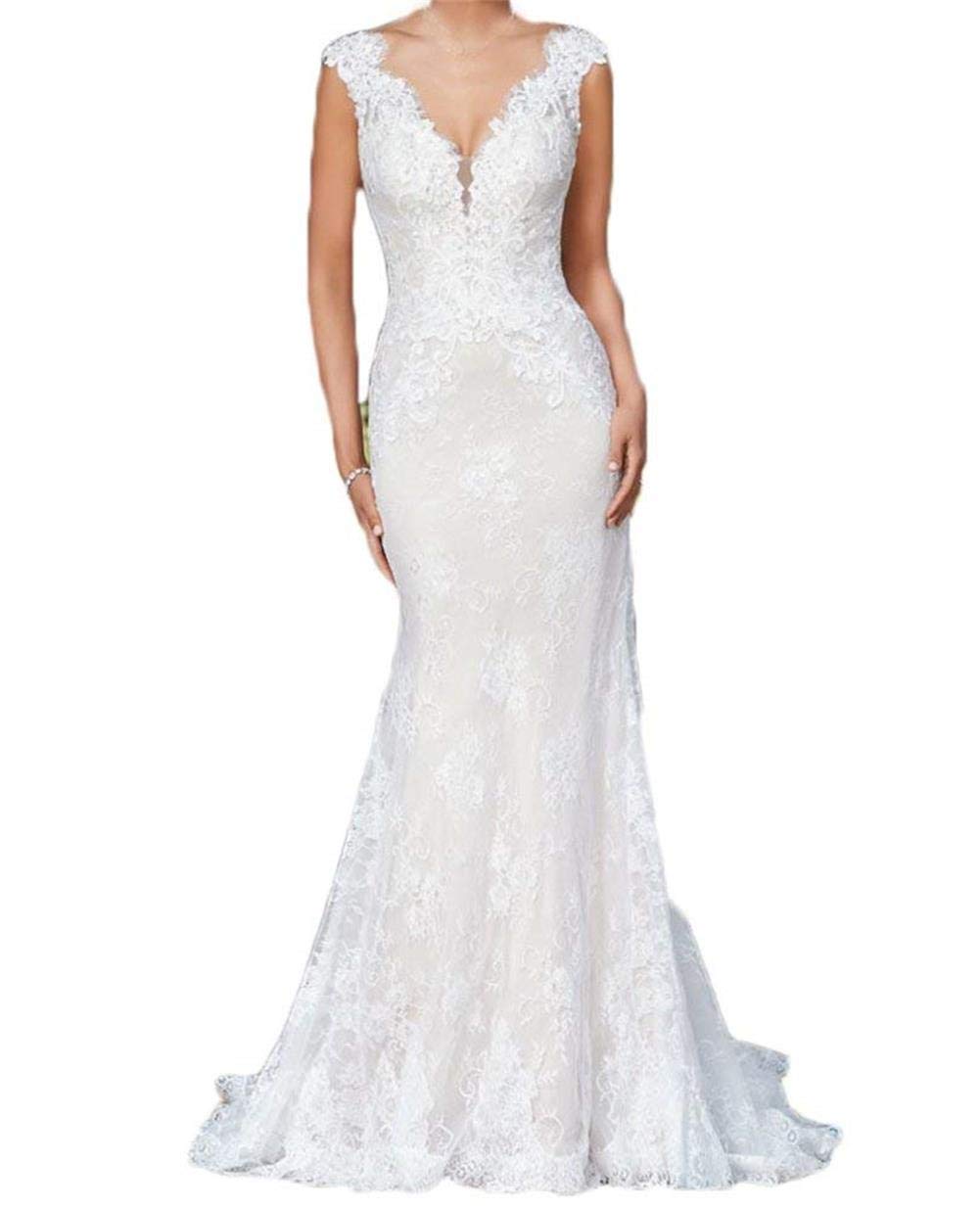 Lace Mermaid Wedding Dress VNeck VBack Zipper Applique Dress for Brides