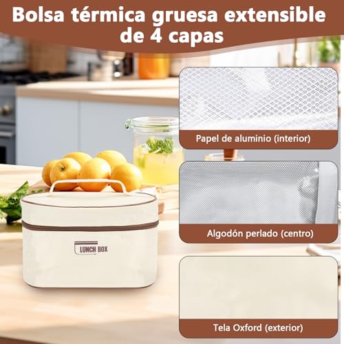 Caja Térmica de Acero Inoxidable 304 con Tapa, multifunción, portátil, redondo, con bolsa térmica, color beige, para el Trabajo, la Escuela, Comedor Al Aire Libre 4 unidades